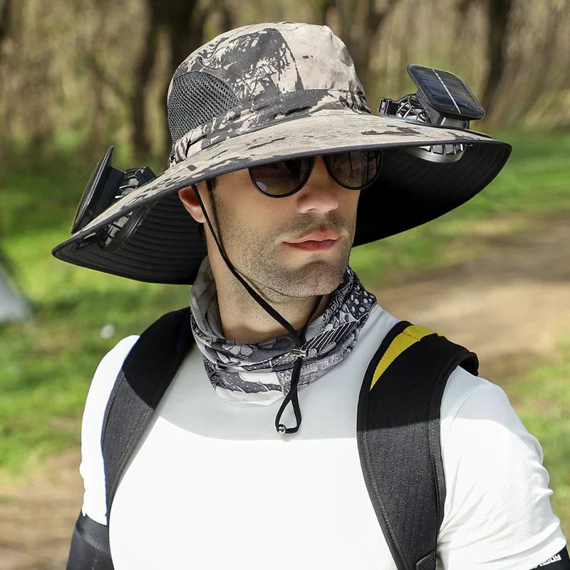 Stefan - Solar Fan Hat with Wide Brim, Solar and USB Charging Station for Fishing Hat