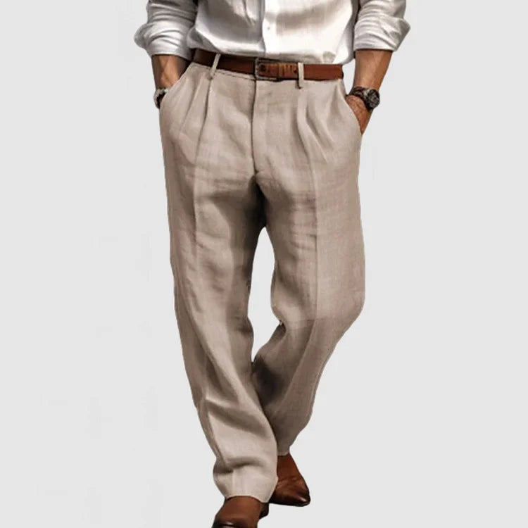 Straight Leisure Trousers for Men in Cotton and Linen - Adriano