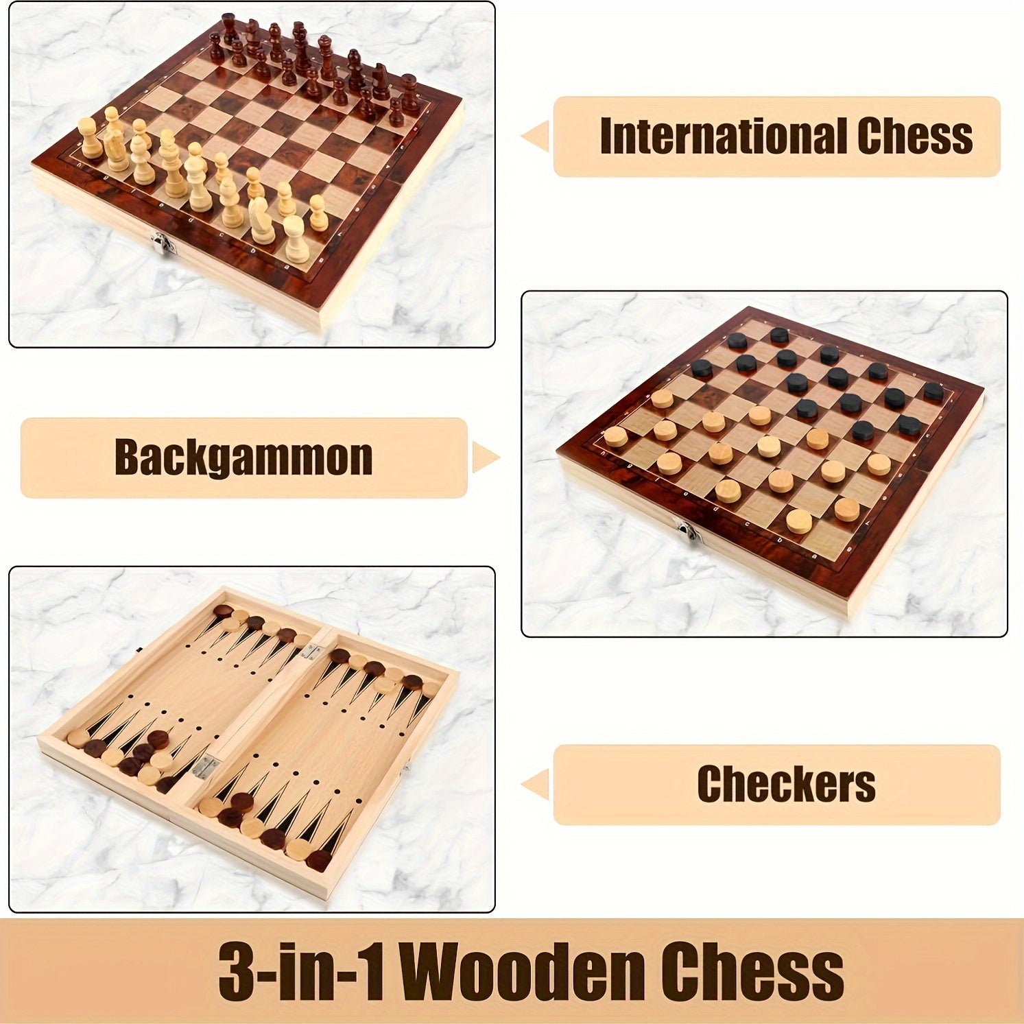 Strategic3in1 - Wooden Chess Set with Checkers and Backgammon