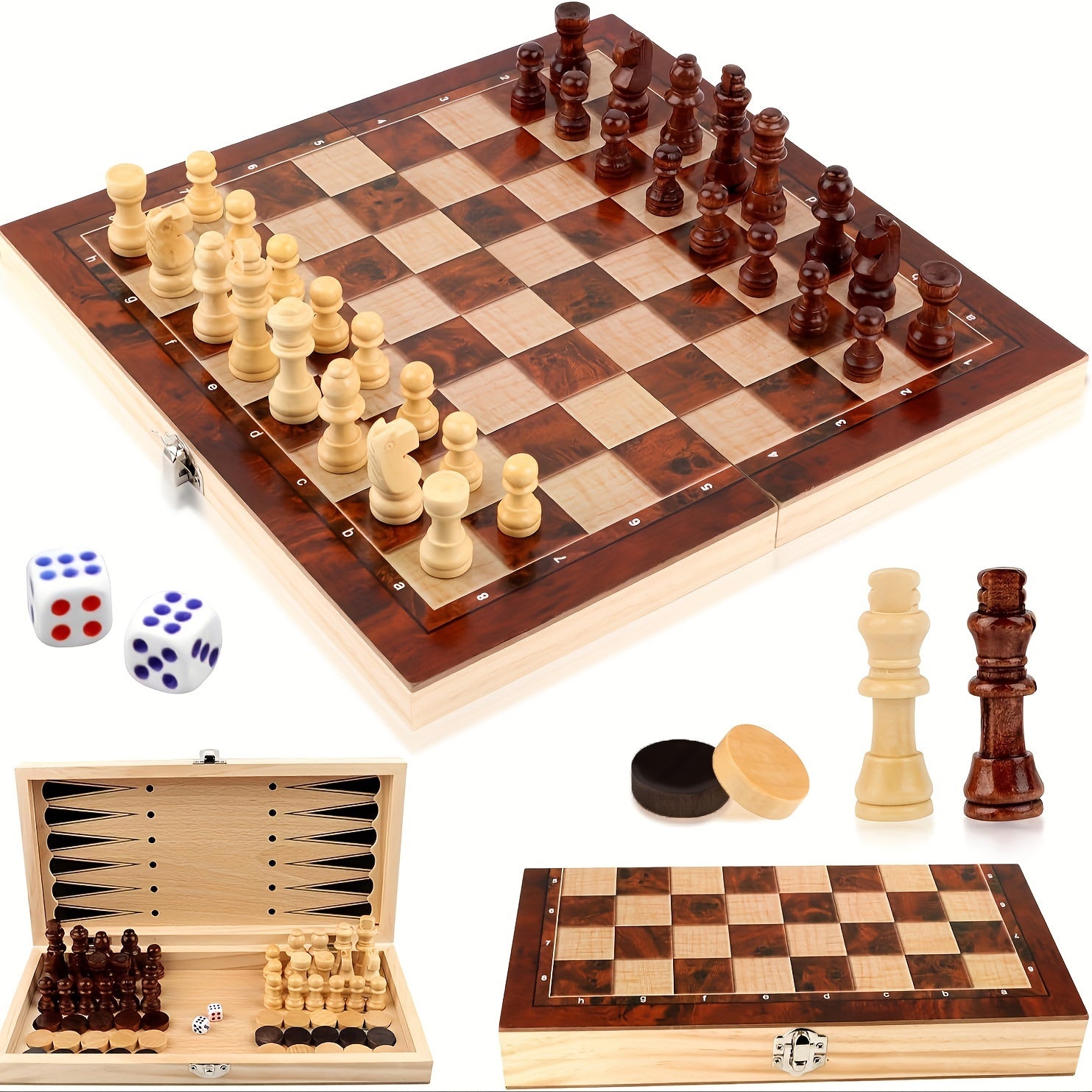 Strategic3in1 - Wooden Chess Set with Checkers and Backgammon
