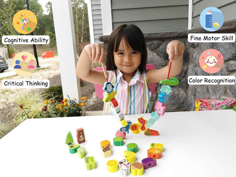 Stringing Animals, Fruits and Vegetables - Fun Toys for Motor Skills