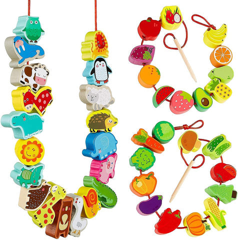 Stringing Animals, Fruits and Vegetables - Fun Toys for Motor Skills