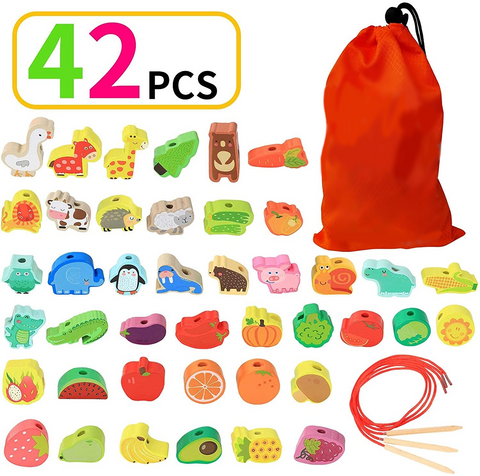 Stringing Animals, Fruits and Vegetables - Fun Toys for Motor Skills