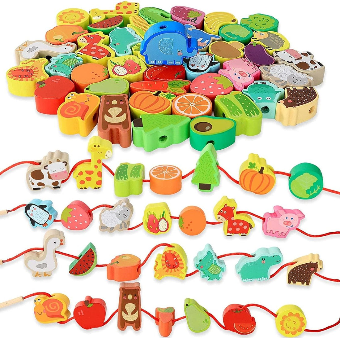 Stringing Animals, Fruits and Vegetables - Fun Toys for Motor Skills