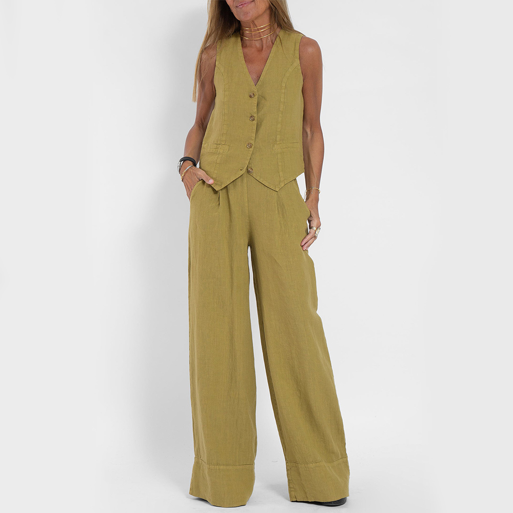 Summer Sleeveless V-Neck Vest and Loose Straight Trousers