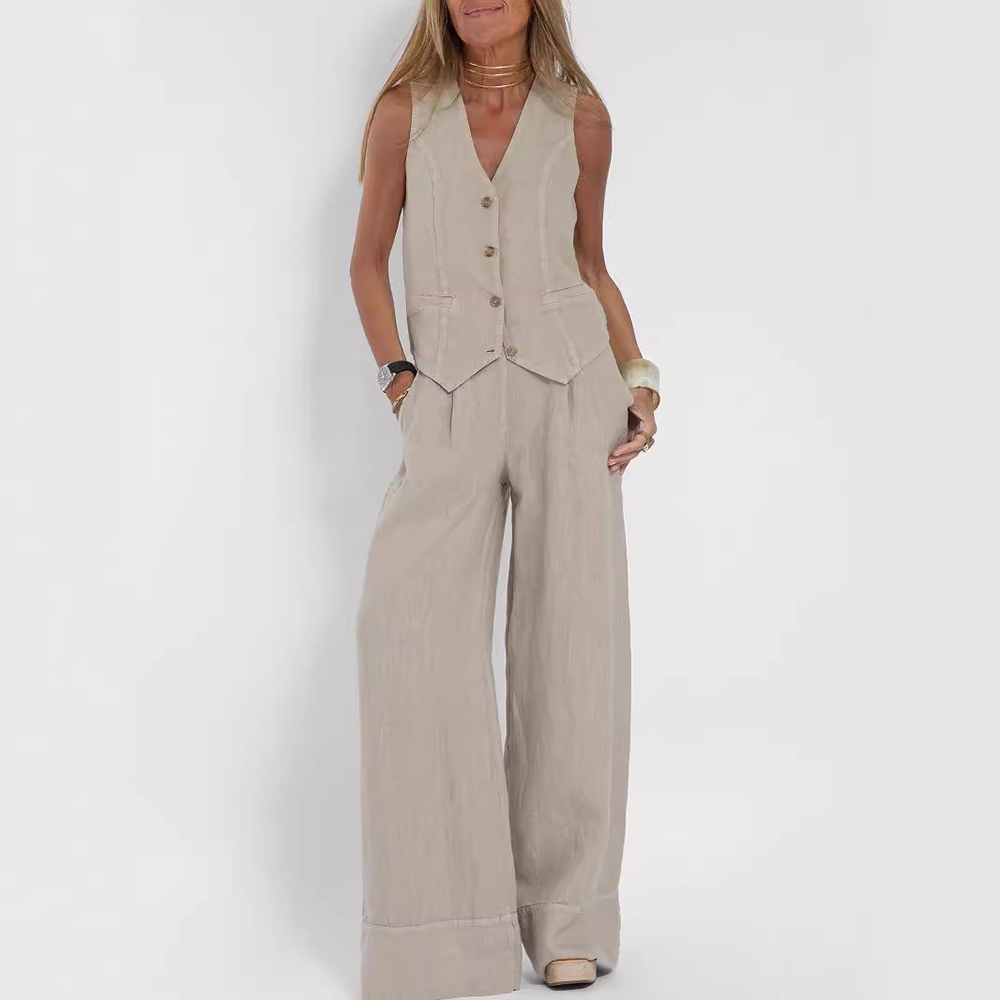 Summer Sleeveless V-Neck Vest and Loose Straight Trousers