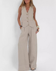 Summer Sleeveless V-Neck Vest and Loose Straight Trousers