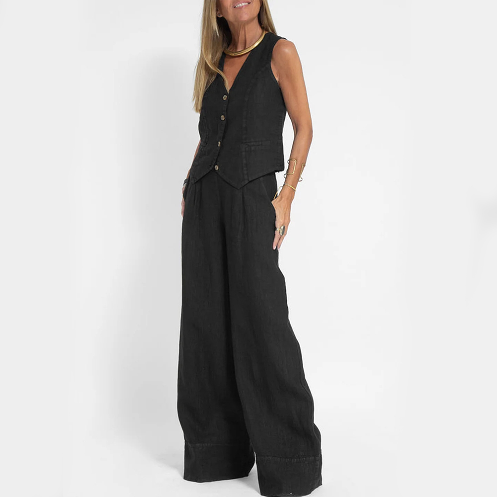 Summer Sleeveless V-Neck Vest and Loose Straight Trousers