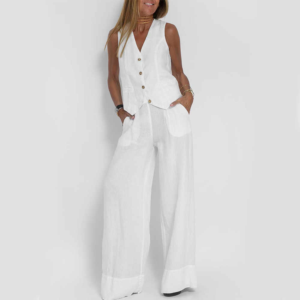 Summer Sleeveless V-Neck Vest and Loose Straight Trousers