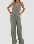 Summer Sleeveless V-Neck Vest and Loose Straight Trousers