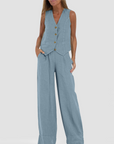 Summer Sleeveless V-Neck Vest and Loose Straight Trousers