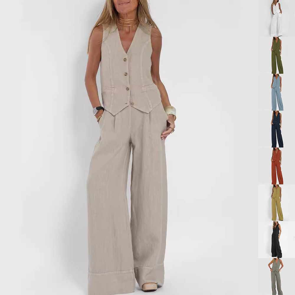 Summer Sleeveless V-Neck Vest and Loose Straight Trousers