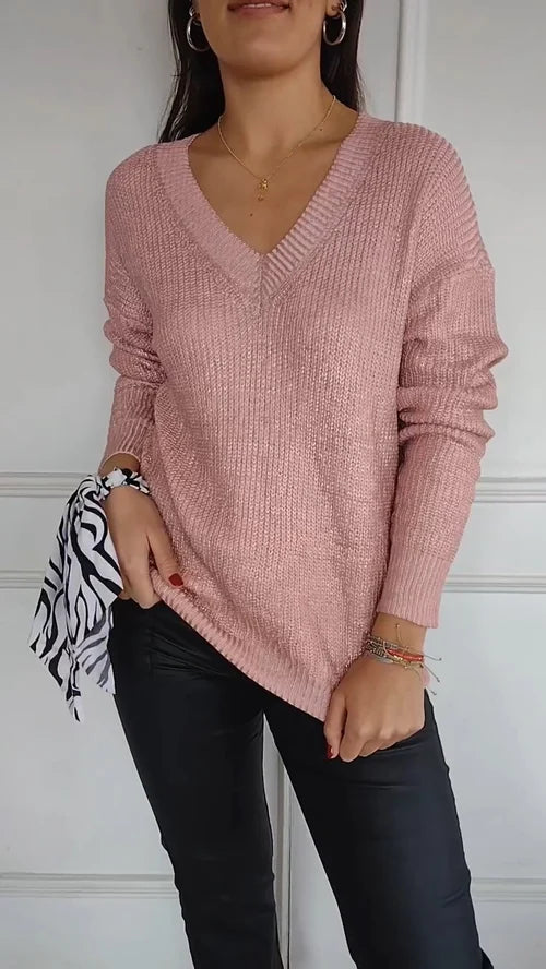 Women's Long Sleeve Top with V-Neck and Gold Foil