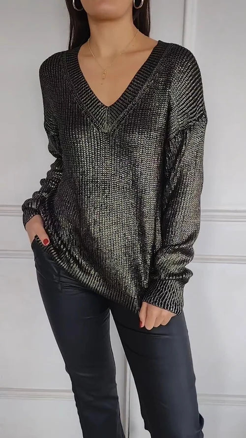 Women's Long Sleeve Top with V-Neck and Gold Foil