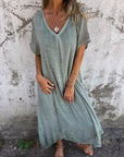 Venetia - V-Neck Cotton and Linen Long Dress