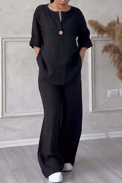 Two-Piece Cotton and Linen Set with Buttons