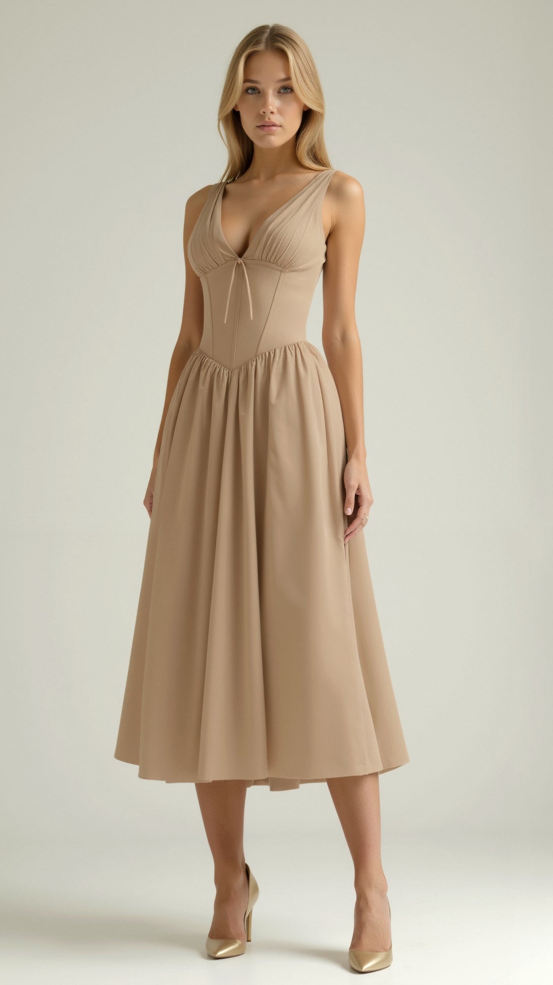 Rachel Plunge Neck Gathered Midi Dress