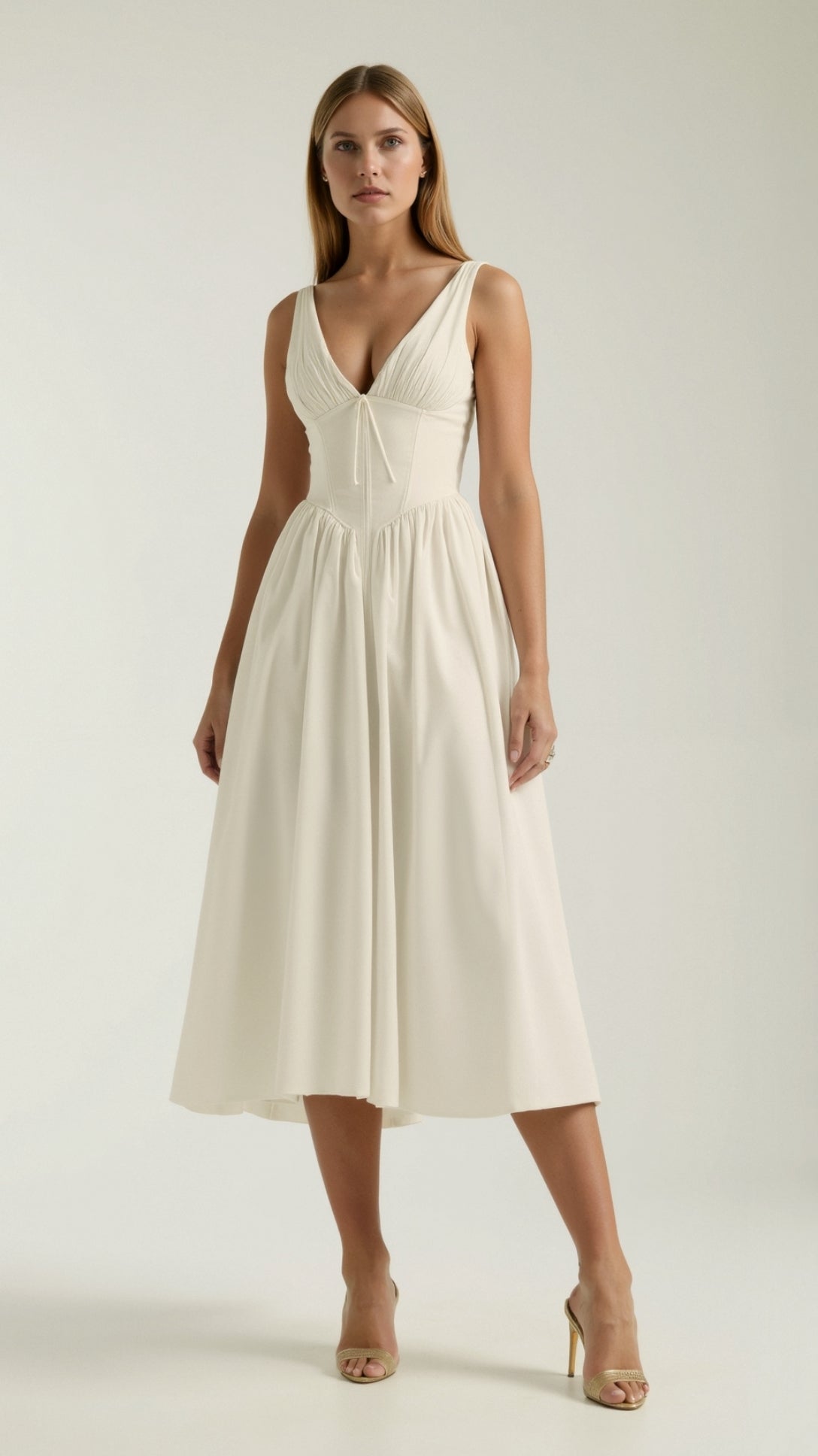 Rachel Plunge Neck Gathered Midi Dress