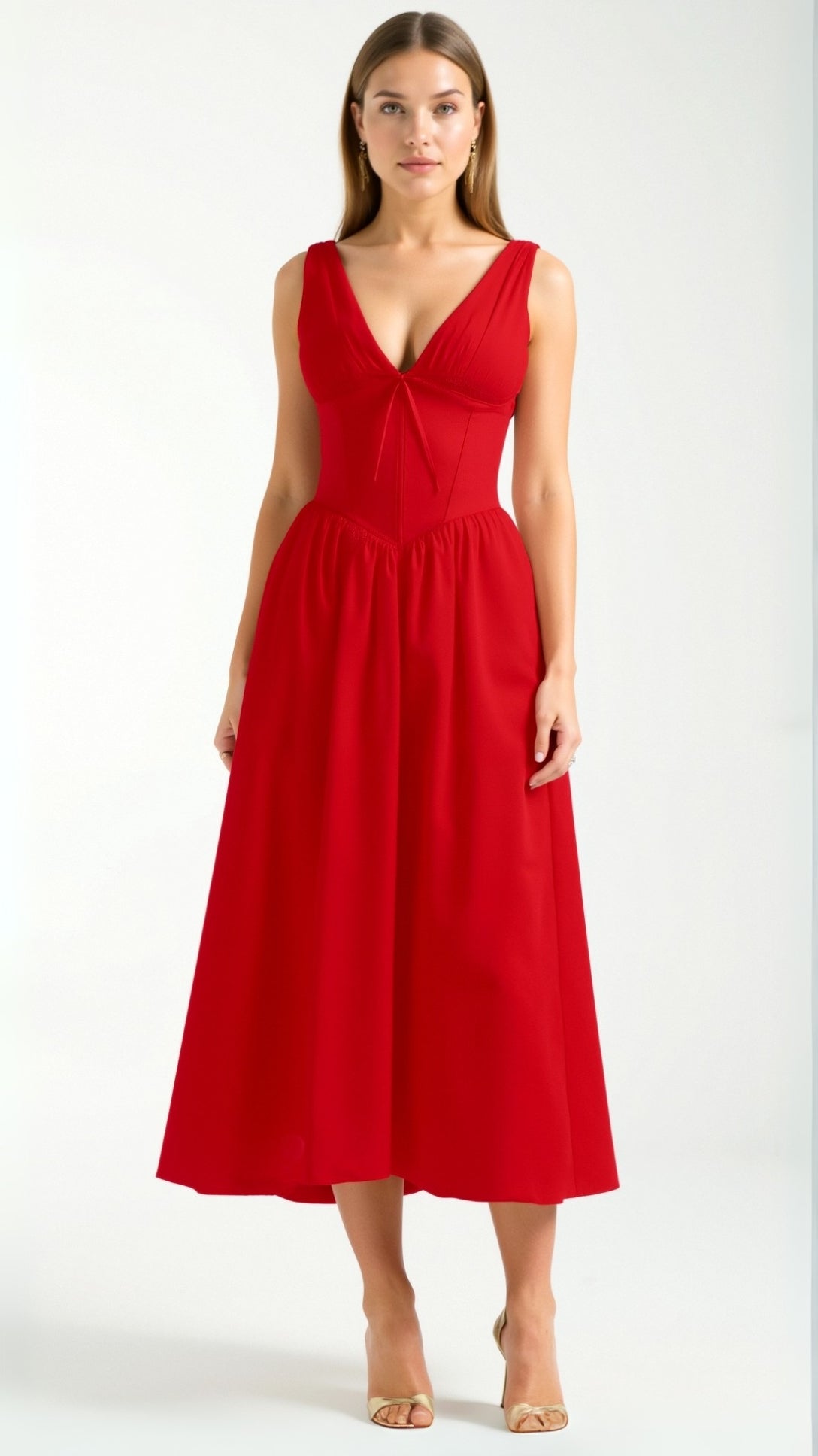 Rachel Plunge Neck Gathered Midi Dress