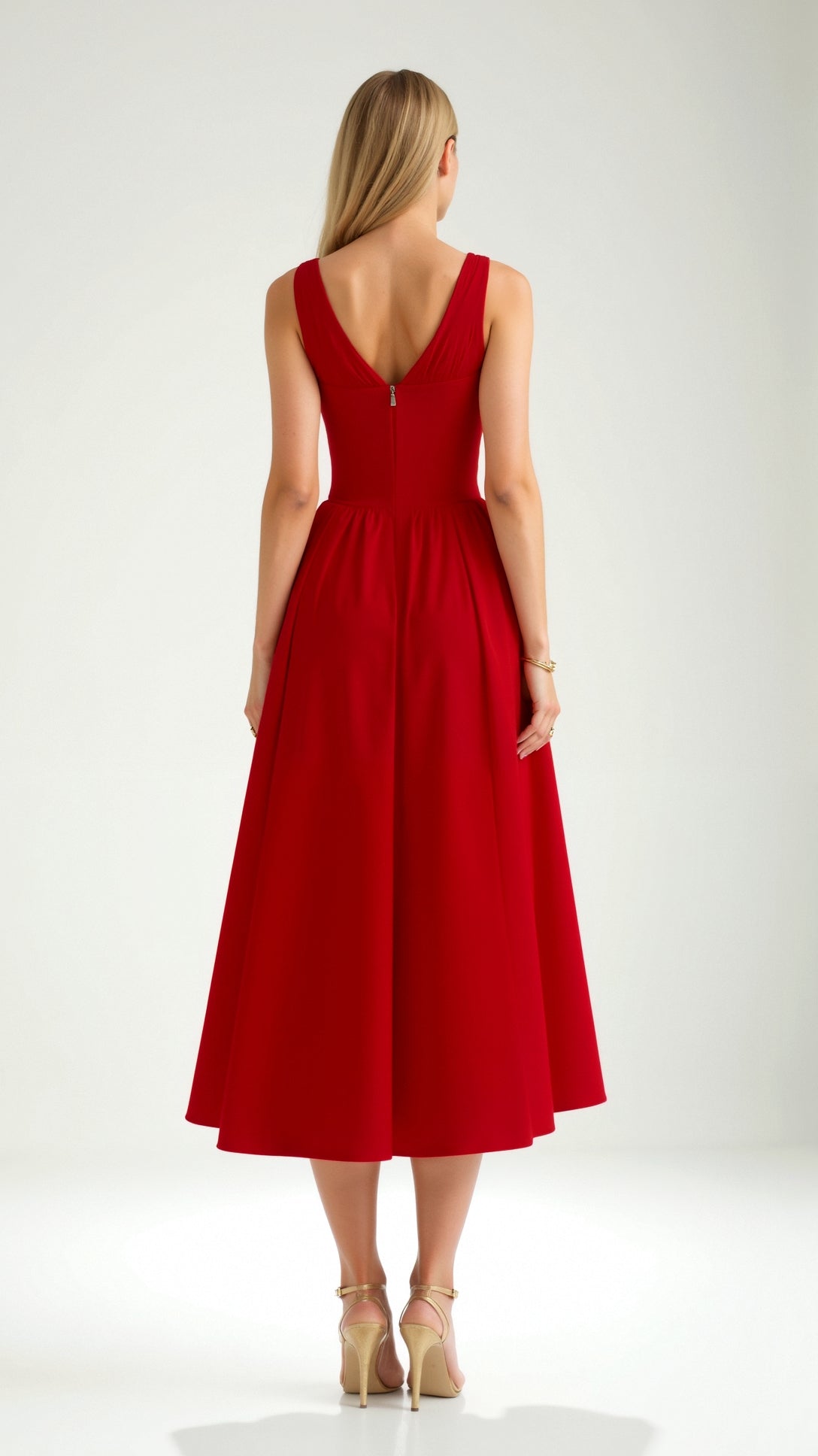 Rachel Plunge Neck Gathered Midi Dress